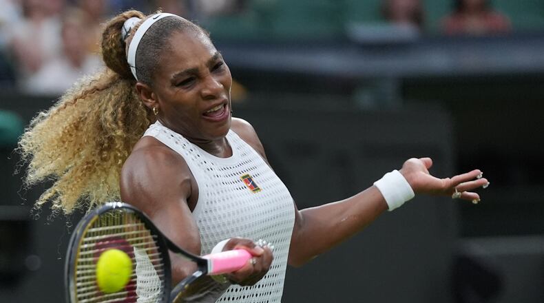 Serena Williams of the United States plays a forehand against Maya Joint of Australia in their first round women's singles match at the Wimbledon Tennis Championships in London, Tuesday, June 30, 2026. (AP Photo/Maja Smiejkowska)