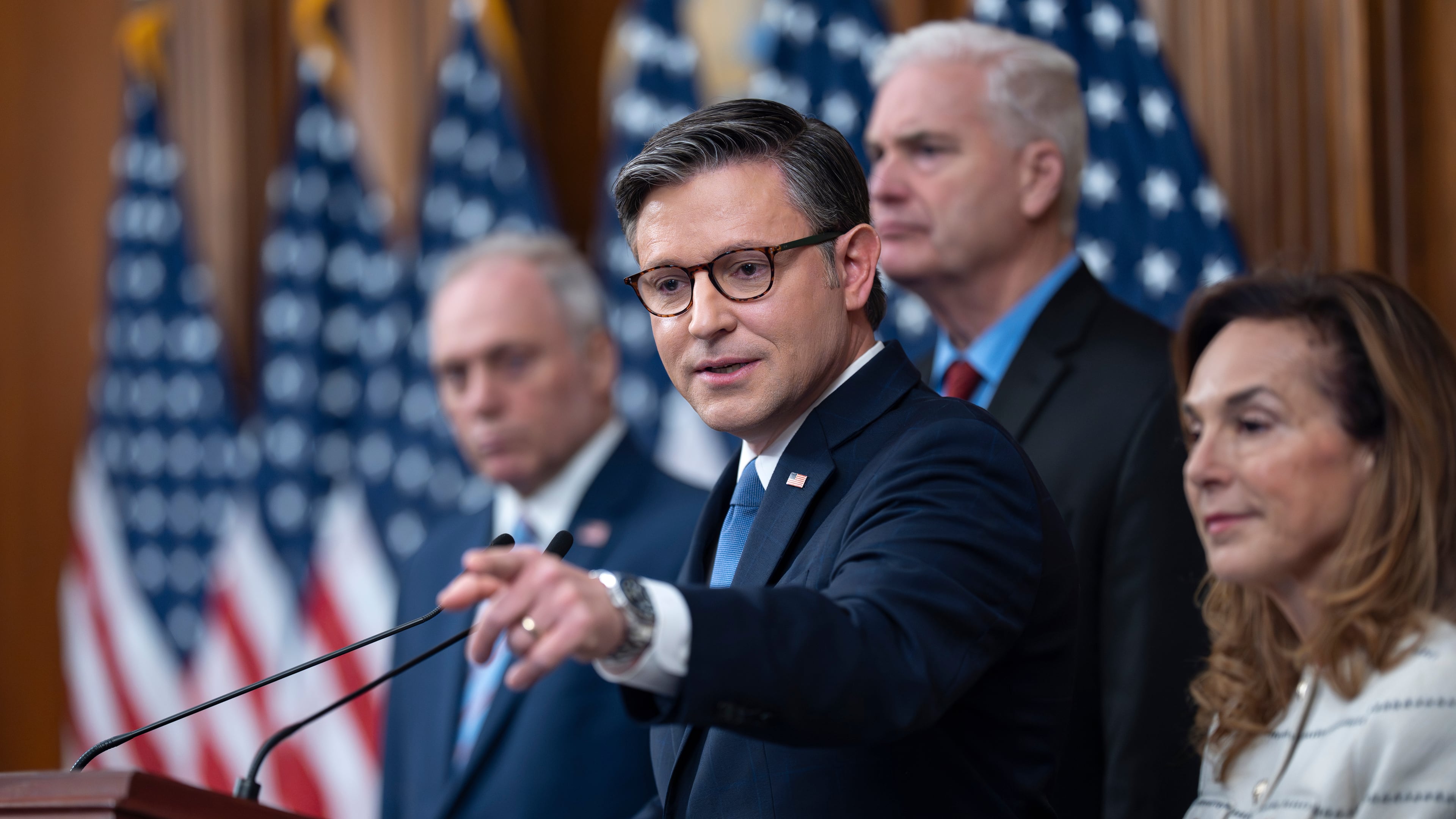 Speaker of the House Mike Johnson, R-La., and the House GOP leadership deliver the Republican message on the government shutdown, now in its ninth day, during a news conference at the Capitol in Washington, Thursday, Oct. 9, 2025. (AP Photo/J. Scott Applewhite)