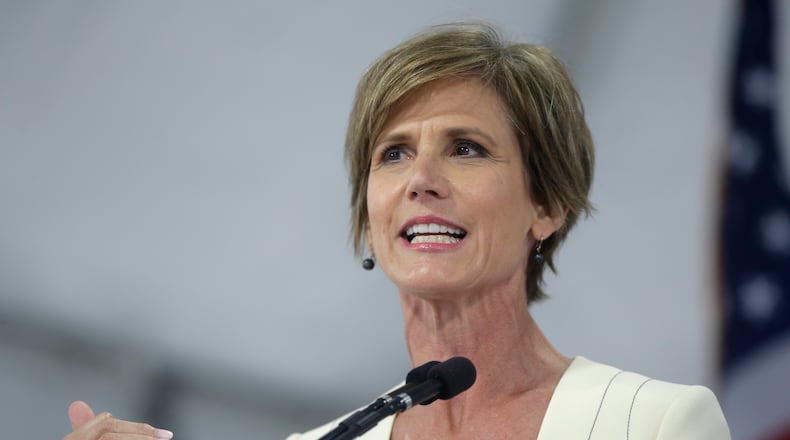 Former U.S. Deputy Attorney General Sally Yates delivers an address at Harvard Law School Class Day 2017, Wednesday, May 24, 2017, at Harvard University, in Cambridge, Mass. (AP Photo/Steven Senne)