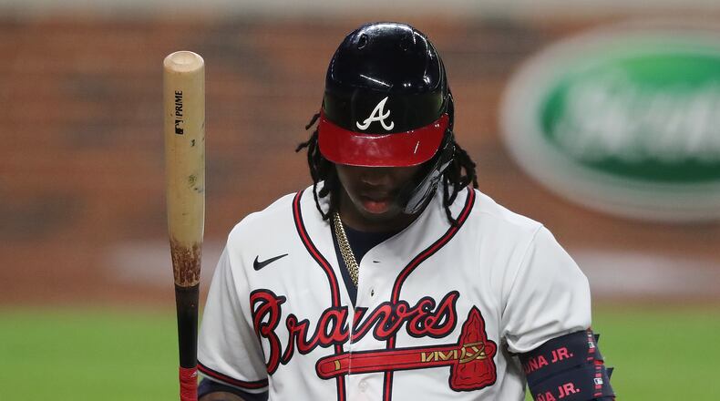 Braves batter Ronald Acuna reacts to striking out on Monday, August 3, 2020 in Atlanta.    Curtis Compton / ccompton@ajc.com