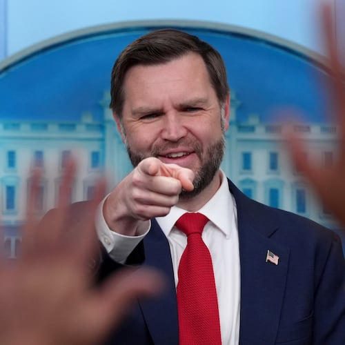 Vice President JD Vance points to a reporter to take a question in the James Brady Press Briefing Room at the White House, Thursday, June 18, 2026, in Washington. (AP Photo/Jacquelyn Martin)