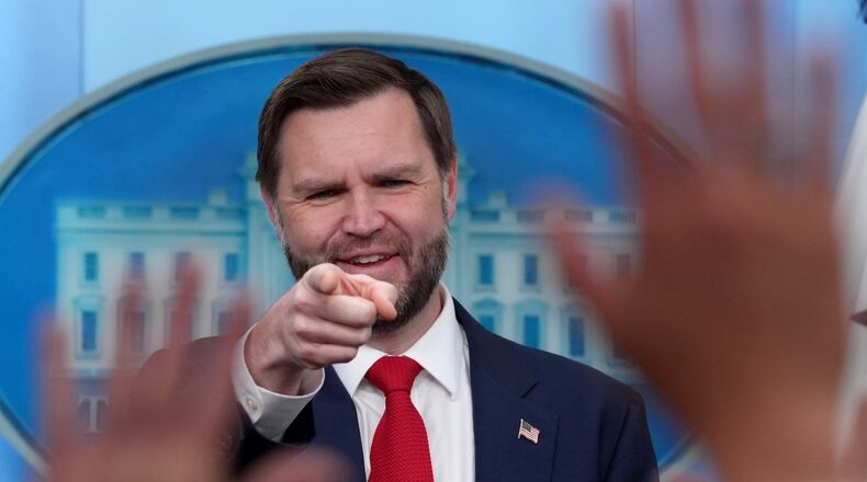 Vice President JD Vance points to a reporter to take a question in the James Brady Press Briefing Room at the White House, Thursday, June 18, 2026, in Washington. (AP Photo/Jacquelyn Martin)