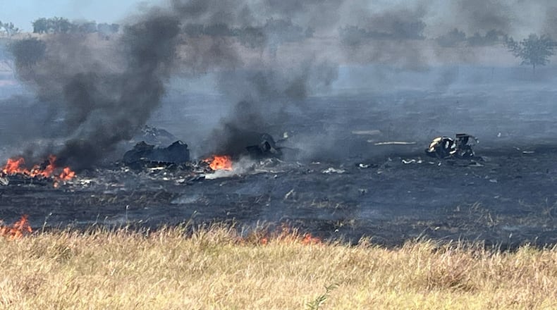 This photo provided by the Bell County Sheriff's Office shows the scene of an Army Apache helicopter crash Wednesday, Aug. 12, 2026, near Salado, Texas. (Cliff Coleman/Bell County Sherrif's Office via AP)