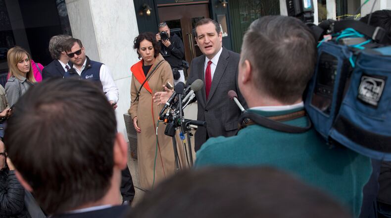 Republican presidential candidate, U.S. Sen. Ted Cruz, R-Texas, speaks about events in Brussels on Tuesday near the Capitol in Washington. AP/Jacquelyn Martin
