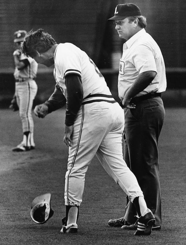 Bobby Cox argues with first base umpire Jim Quick after being ejected from the game on Sunday, June 7, 1981. Cox was ranked first on the all-time ejection list and became the first manager to be tossed from two different World Series games. (Joe Benton/AJC 1981)