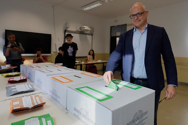 Rome Mayor Roberto Gualtieri casts his ballots on referendums on citizenship and job protections, at a polling station in Rome, Sunday, June 8, 2025. (Cecilia Fabiano/LaPresse via AP)