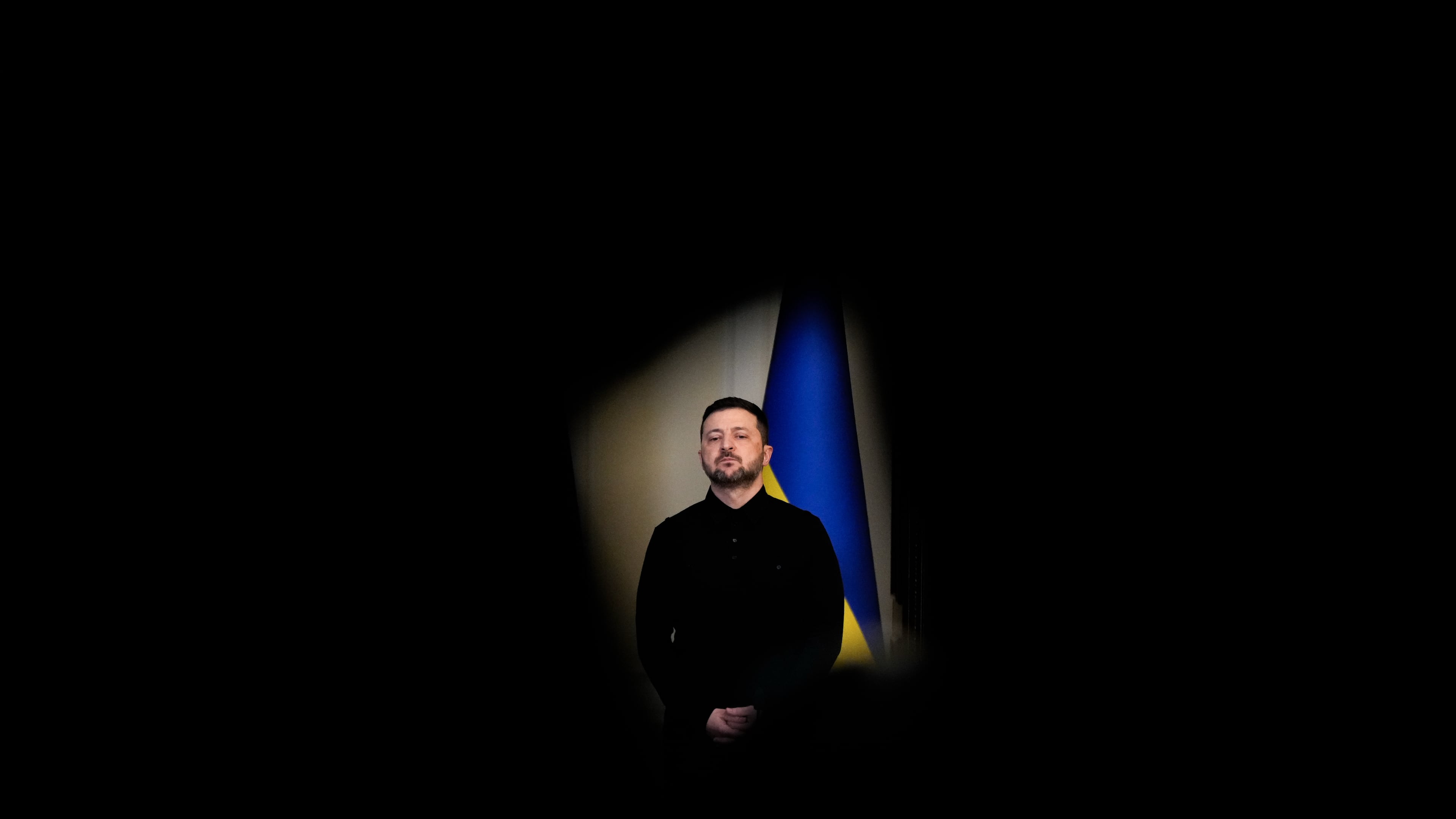 Ukraine's President Volodymyr Zelenskyy listens as High Representative of the European Union for Foreign Affairs and Security Policy Kaja Kallas speaks during a news conference, Monday, Oct. 13, 2025, in Kyiv, Ukraine. (AP Photo/Julia Demaree Nikhinson)