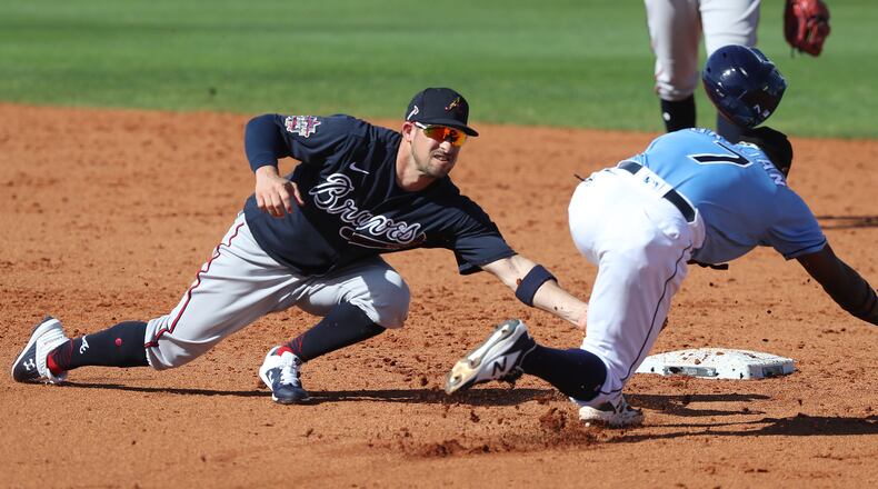 Atlanta Braves second baseman Sean Kazmar tags Tampa Bay Rays infielder Vidal Brujan out on a steal attempt Sunday, Feb. 28, 2021, at Charlotte Sports Park in Port Charlotte, Fla. (Curtis Compton / Curtis.Compton@ajc.com)