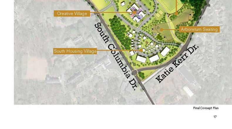 The final master plan for Decatur’s Legacy Park. Note the north and south housing villages—it’s still to be determined how many units or the type units will fill these villages. The most expensive single item is the track, estimated at $4 to $7 million and, for now, planned for 10 to 15 years down the road. The 22 acres in the rear or eastern portion, featuring the lake and forest, will remain mostly as it is today. Courtesy City of Decatur