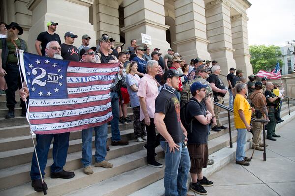 Approximately 80 people showed up for a gun rights rally at the  Georgia State Capital Saturday, April 14, 2018.  The event was among dozens planned at state capitols around the U.S. on Saturday. STEVE SCHAEFER / SPECIAL TO THE AJC