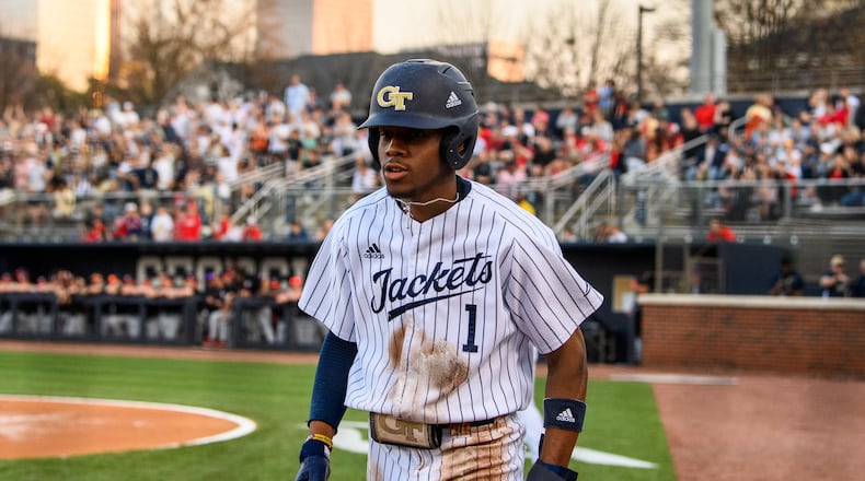 Georgia Tech shortstop Chandler Simpson finished the Yellow Jackets' April 8-10 series against Florida State at Russ Chandler Stadium hitting .494 for the season. (Danny Karnik/Georgia Tech Athletics)