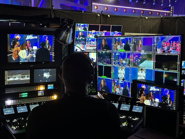 The control room during the filming of BET's "106 and Sports" at Tyler Perry Studios. (Rodney Ho/AJC) 