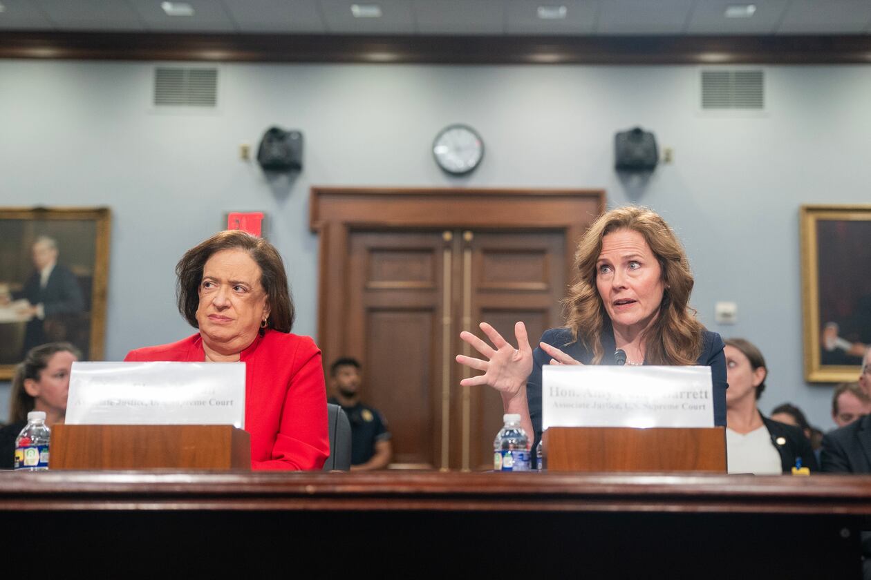 Supreme Court Justices Amy Coney Barrett, right, and Elena Kagan testify during a House Appropriations subcommittee hearing, Tuesday, July 14, 2026, on Capitol Hill in Washington. (Nathan Howard/AP)