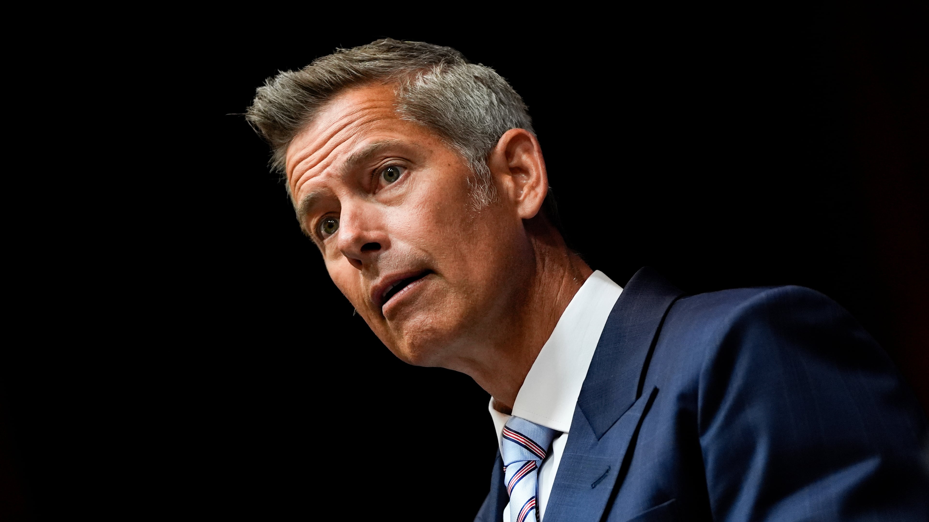 FILE - Transportation Secretary Sean Duffy speaks during a news conference Aug. 5, 2025, at the Department of Transportation in Washington. (AP Photo/Julia Demaree Nikhinson, File)