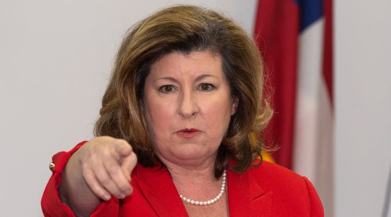 Former US House Rep Karen Handel fields questions from a small group of supporters at the Franklin Roundtable Federal Task Force in Marietta March 26, 2019.  STEVE SCHAEFER / SPECIAL TO THE AJC