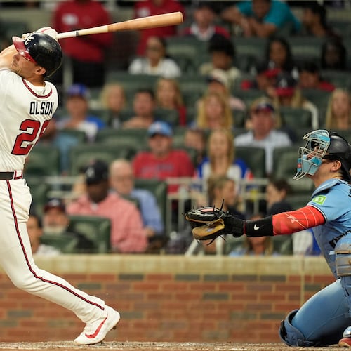 Atlanta Braves' Matt Olson hits a solo homerun against the Toronto Blue Jays in the sixth inning of a baseball game, Tuesday, June 2, 2026, in Atlanta. (AP Photo/Mike Stewart)