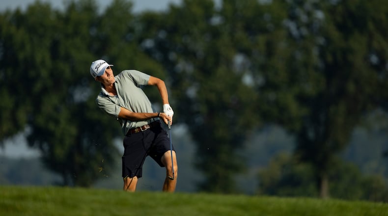 Ross Steelman from Georgia Tech was named ACC co-golfer of the month. Here Steelman hits his second shot on the first hole during the round of 16 at the 2021 U.S. Amateur at Oakmont Country Club in Oakmont, Pa., in 2021. (Chris Keane/USGA)