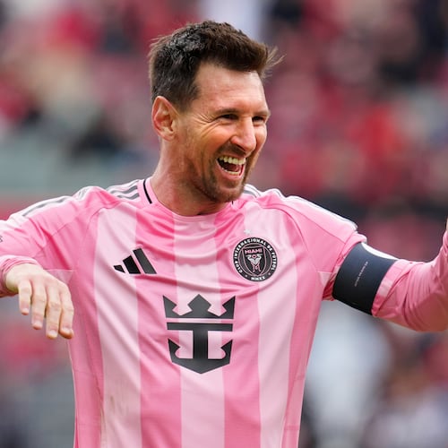 Inter Miami CF midfielder Lionel Messi (10) celebrates his goal during second half MLS soccer against Toronto FC, in Toronto on Saturday, May 9, 2026.(Frank Gunn /The Canadian Press via AP)