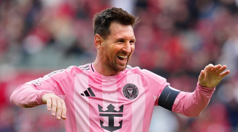 Inter Miami CF midfielder Lionel Messi (10) celebrates his goal during second half MLS soccer against Toronto FC, in Toronto on Saturday, May 9, 2026.(Frank Gunn /The Canadian Press via AP)