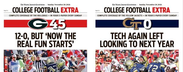 Full coverage of Georgia's win over Georgia Tech as part of the College Football Extra included in Sunday AJC ePaper