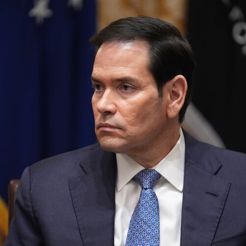 Secretary of State Marco Rubio listens as President Donald Trump meets with Hungary's Prime Minister Viktor Orban in the Cabinet Room of the White House, Friday, Nov. 7, 2025, in Washington. (AP Photo/Evan Vucci)