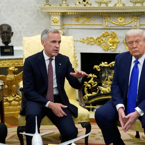 FILE - Canada Prime Minister Mark Carney and President Donald Trump hold a press conference at the White House in Washington, D.C., Oct. 7, 2025. (Adrian Wyld/The Canadian Press via AP, File)