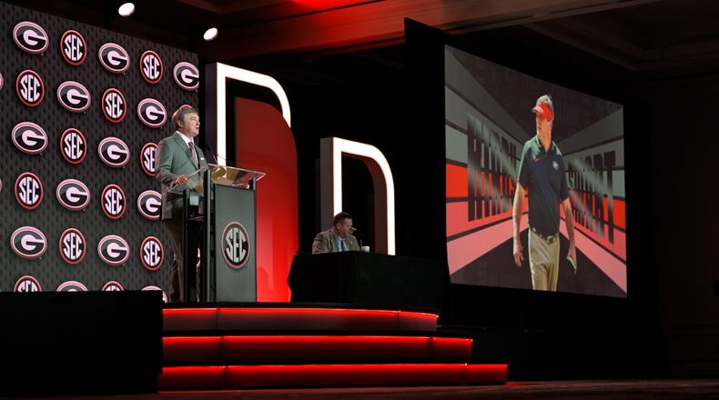 Georgia coach Kirby Smart speaks with the SEC Network at SEC media days in Tampa, Florida. Smart has been a proponent of more stringent rules enforcement on NIL dealings and the "5 for 5" eligibility rule, which are both included in the Protect College Sports Act. (Cody Chaffins/DawgNation)