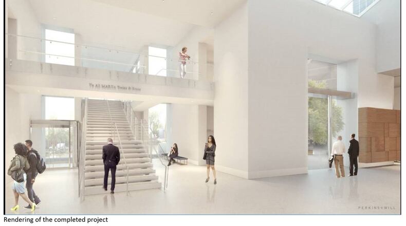 This rendering shows the entrace to the bridge between MARTA’s Lenox Station and Atlanta Plaza.