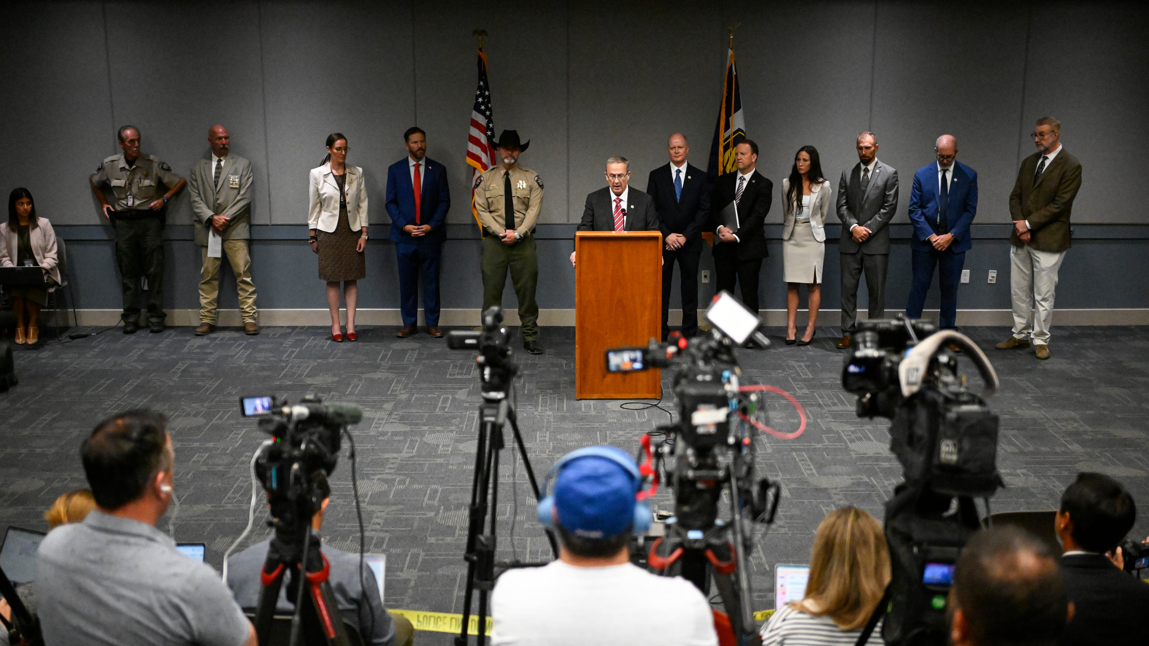Utah County Attorney Jeff Gray speaks during a news conference announcing charges filed against Tyler Robinson, accused of fatally shooting conservative activist Charlie Kirk, Tuesday, Sept. 16, 2025, in Provo, Utah. (AP Photo/Alex Goodlett)
