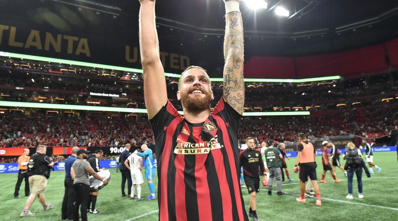 October 24, 2019 Atlanta - Atlanta United defender Leandro Gonzalez (5) celebrates their victory over the Philadelphia Union during Eastern Conference semifinals of MLS playoffs at Mercedes-Benz Stadium on Thursday, October 24, 2019. Atlanta United won 2-0 over the Philadelphia Union. (Hyosub Shin / Hyosub.Shin@ajc.com)