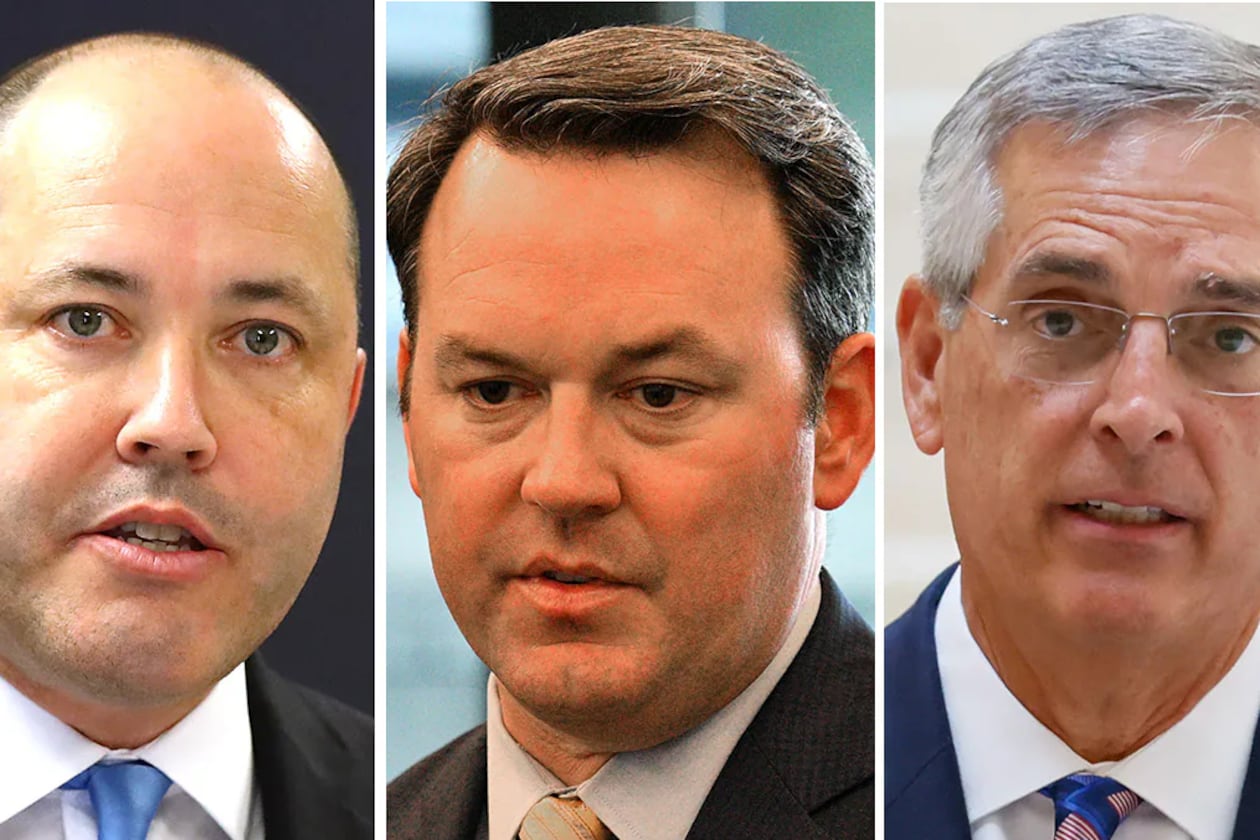 (Left to right): Attorney General Chris Carr, Lt. Gov. Burt Jones and Secretary of State Brad Raffensperger are the three leading Republican contenders for Georgia governor. (AJC)