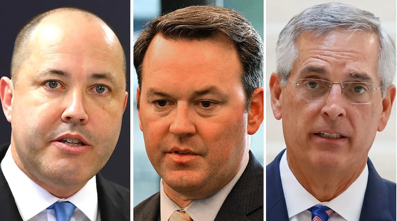 (Left to right): Attorney General Chris Carr, Lt. Gov. Burt Jones and Secretary of State Brad Raffensperger are the three leading Republican contenders for Georgia governor. (AJC)