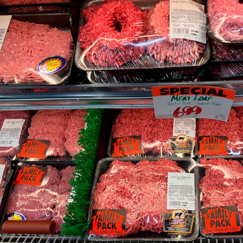 FILE - Beef is displayed for sale at a grocery store Wednesday, April 29, 2026, in Chicago. (AP Photo/Erin Hooley, File)