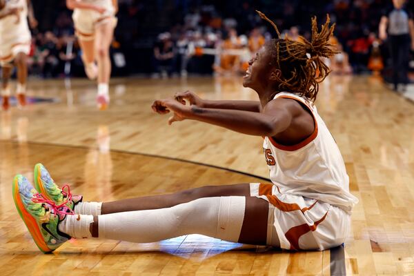 Texas guard Bryanna Preston reacts after a play during the second half in the Sweet 16 of the NCAA college basketball tournament against Tennessee, Saturday, March 29, 2025, in Birmingham, Ala. (AP Photo/Butch Dill)