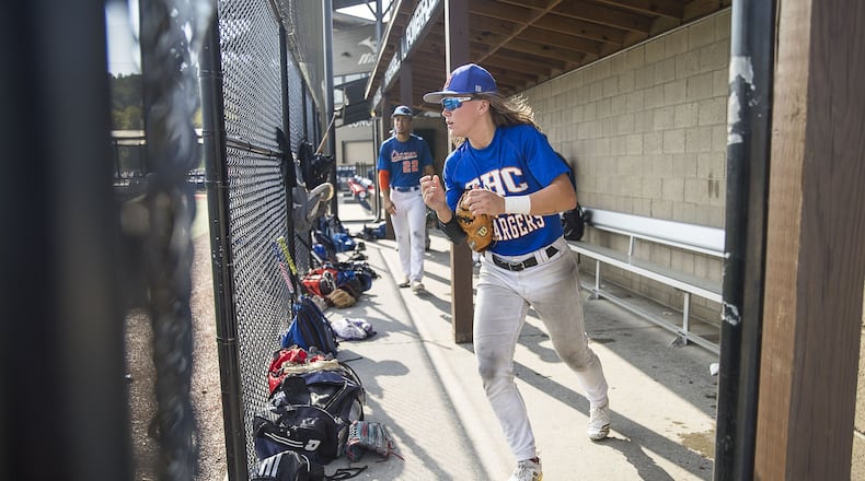 Georgia Highlands College freshman Ashton Lansdell prepares to run to second base to play outfield during a baseball intrasquad scrimmage at the Lakepoint Sports Complex in Emerson on Sept. 26, 2019. Ashton, the only female to play on the college’s baseball team, is a redshirt, so she can use this year to develop without losing any of her eligibility. ALYSSA POINTER / ALYSSA.POINTER@AJC.COM