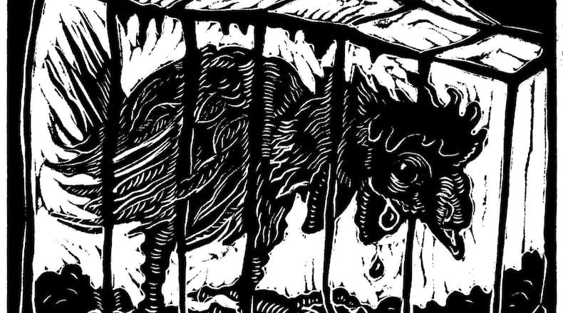 “Caged Chicken” woodcut on paper by Sue Coe.