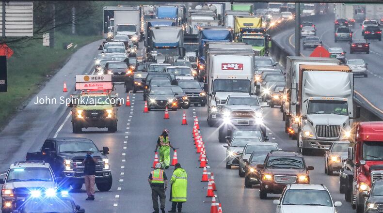 Two eastbound lanes of I-285 were blocked for several hours while authorities investigated a crash involving a pedestrian.