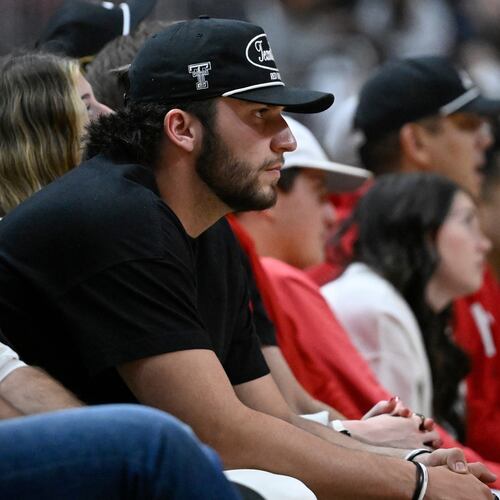 FILE - Texas Tech quarterback Brendan Sorsby watches the second half of an NCAA college basketball game between Texas Tech and Cincinnati, Feb. 24, 2026, in Lubbock, Texas. (AP Photo/Justin Rex, file)