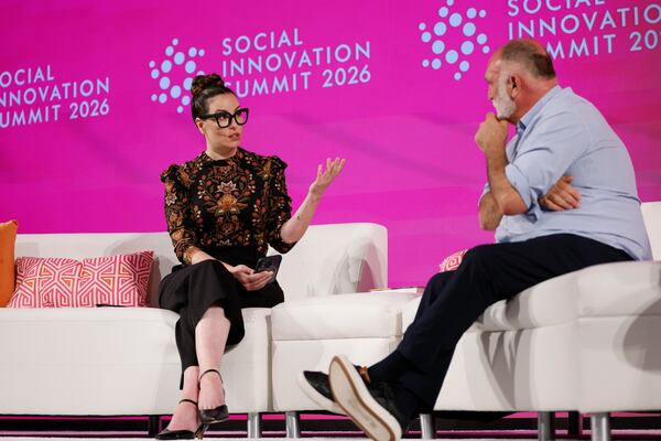 AJC Senior Food & Dining Editor Monti Carlo asks award-winning Chef José Andrés a question during the Social Innovation Summit at Loews Atlanta Hotel on Tuesday, June 2, 2026. (Miguel Martinez/AJC)