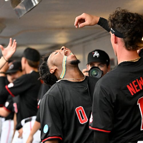Georgia infielder Ryan Wynn celebrates after hitting a two-run home run during the fourth inning of the Athens Regional at Foley Field on Friday, May 29, 2026. A weather delay pushed the final three innings to Saturday morning. (Hyosub Shin/AJC)