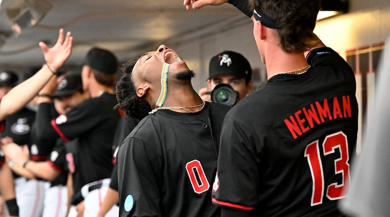 Georgia infielder Ryan Wynn celebrates after hitting a two-run home run during the fourth inning of the Athens Regional at Foley Field on Friday, May 29, 2026. A weather delay pushed the final three innings to Saturday morning. (Hyosub Shin/AJC)