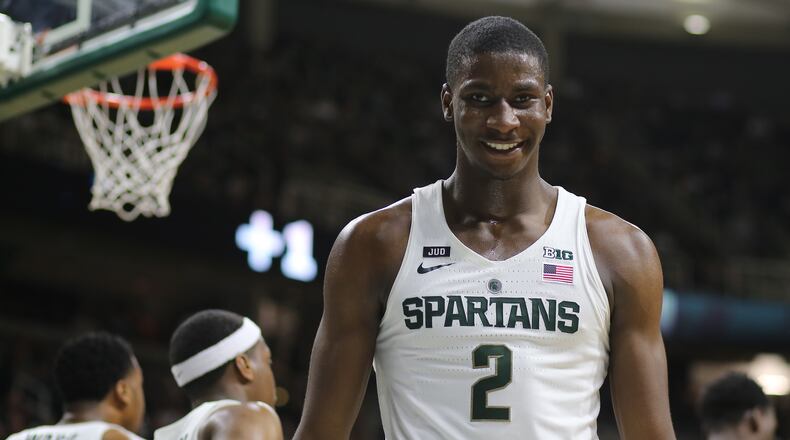 Jaren Jackson Jr. of the Michigan State Spartans reacts to a play during the game against the Rutgers Scarlet Knights at Breslin Center on January 10, 2018 in East Lansing, Michigan. (Photo by Rey Del Rio/Getty Images)