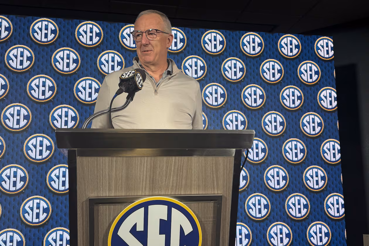 SEC commissioner Greg Sankey spoke to reporters on the eve of the SEC Spring Meetings on Monday in Miramar Beach, Fla.