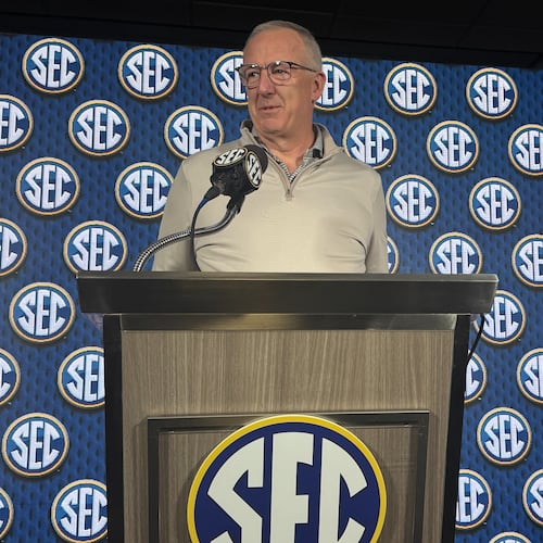 SEC commissioner Greg Sankey spoke to reporters on the eve of the SEC Spring Meetings on May 25, 2026, in Miramar Beach, Fla. (Mike Griffith/AJC)
