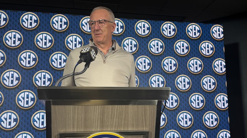 SEC commissioner Greg Sankey spoke to reporters on the eve of the SEC Spring Meetings on May 25, 2026, in Miramar Beach, Fla. (Mike Griffith/AJC)