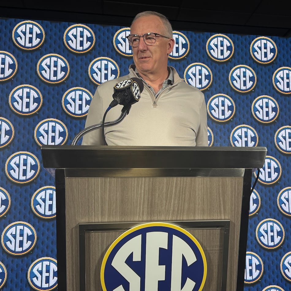SEC commissioner Greg Sankey spoke to reporters on the eve of the SEC Spring Meetings on Monday in Miramar Beach, Fla.