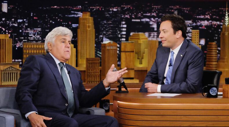 NEW YORK, NY - JUNE 15: Comedian Jay Leno (L) answers questions from host Jimmy Fallon as he visits "The Tonight Show Starring Jimmy Fallon" at Rockefeller Center on June 15, 2016 in New York City. (Photo by Mike Coppola/Getty Images)