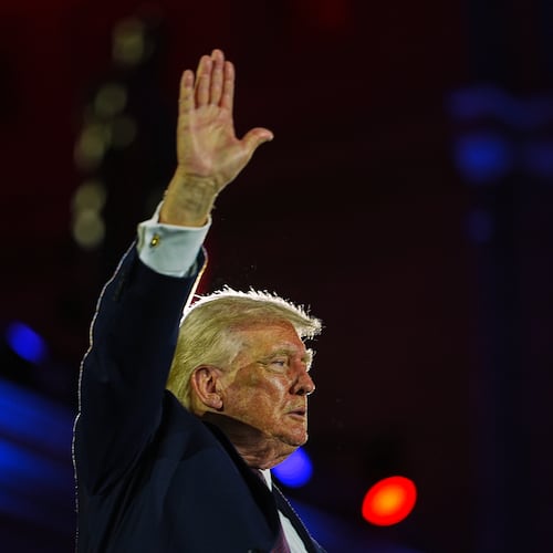 President Donald Trump waves after speaking at the National Republican Congressional Committee's (NRCC) annual fundraising dinner, Wednesday, March 25, 2026, at Union Station in Washington. (AP Photo/Julia Demaree Nikhinson)
