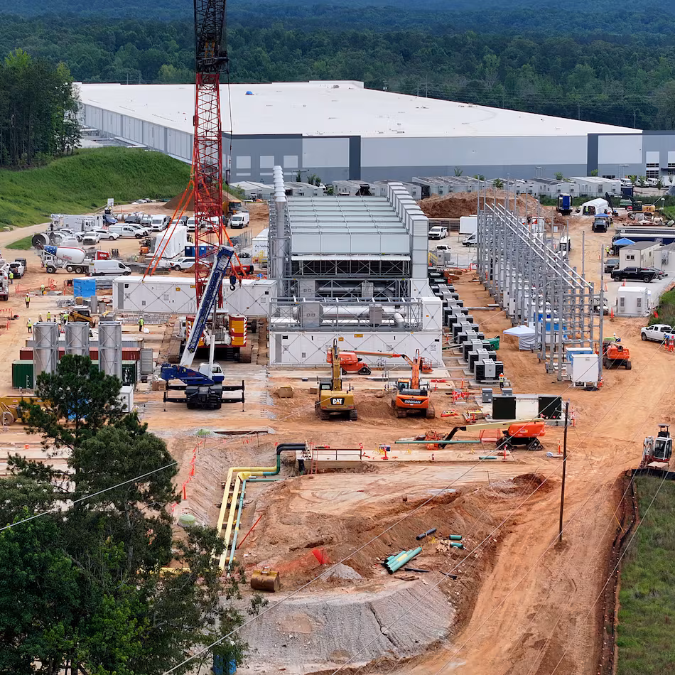 Aerial view of off-grid generators being installed, with the data center in the background, on Thursday, June 25, 2026, in Covington. A data center near Social Circle plans to get its primary power supply from a set of off-grid generators, the first setup of its kind in Georgia. But the company behind the power project is already installing its equipment, despite never obtaining proper permits from the state, a move environmental advocates say raises serious questions about oversight of data centers cropping up across Georgia. (Hyosub Shin/AJC)