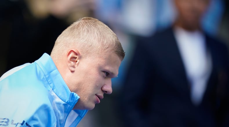 Manchester City's Erling Haaland warms up prior to the English Premier League soccer match between Manchester City and Bournemouth in Manchester, England, Sunday, Aug. 23, 2026. (AP Photo/Dave Thompson)